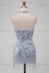 Dressystars Dusty Blue Floral Fringed Sequins Tight Short Homecoming Dress