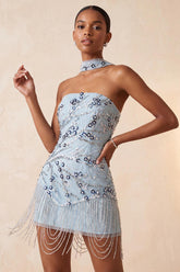 Dressystars Dusty Blue Floral Fringed Sequins Tight Short Homecoming Dress