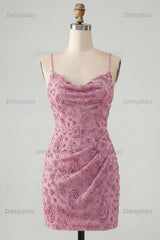 Dressystars Dusty Rose Beaded Ruched Tight Cowl Neck Short Homecoming Dress
