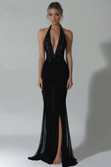 Dressystars Elegant Black Wedding Guest Dress Halter Mermaid Formal Dress With Slit
