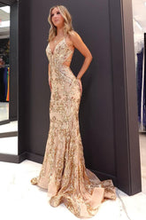 Dressystars Elegant Gold Embellished Mermaid Prom Gown With Strappy Open Back Formal Evening Gown