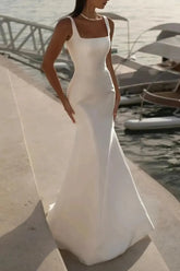 Dressystars Elegant Mermaid Square Neckline Sleeveless Sweep Train Satin Wedding Dress