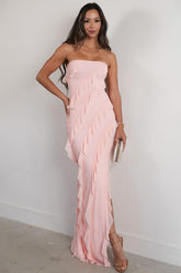 Dressystars Elegant Pink Strapless Cascading Ruffle Long Prom Evening Dress Formal Evening Gown