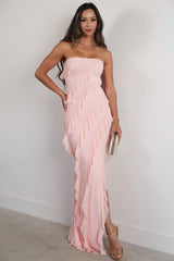 Dressystars Elegant Pink Strapless Cascading Ruffle Long Prom Evening Dress Formal Evening Gown
