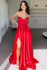 Dressystars Elegant Red Sweetheart Satin A-Line Prom Dress With High Leg Slit Formal Evening Gown