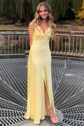 Dressystars Elegant Yellow V-Neck Back Satin Gown With Front Twist Formal Evening Gown