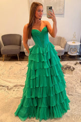 Dressystars Emerald Green Sweetheart Corset Prom Dress With Tiered Ruffles And High Slit Formal Evening Gown