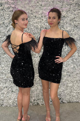 Dressystars Feathered Black Homecoming Dress Sequined Bodycon Prom Dress