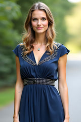 Dressystars Floor Length Beaded Navy Wedding Guest Dress A Line Formal Dress With Cape Sleeves