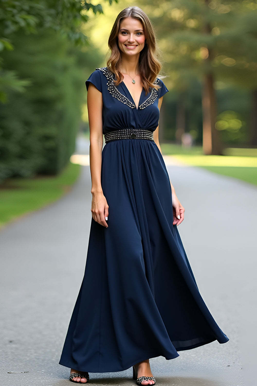 Dressystars Floor Length Beaded Navy Wedding Guest Dress A Line Formal Dress With Cape Sleeves