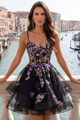 Dressystars Floral Black A-Line Ruffled Short Corset Homecoming Dress