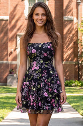 Dressystars Floral Black Ruffled A Line Tiered Short Homecoming Dress