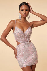 Dressystars Floral Blush Corset Tight Cut Out Short Homecoming Dress