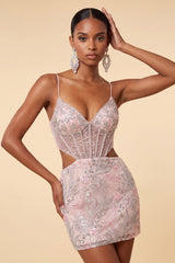 Dressystars Floral Blush Corset Tight Cut Out Short Homecoming Dress