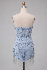 Dressystars Floral Dusty Blue Tight Sequins Short Homecoming Dress with Fringes