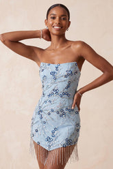 Dressystars Floral Dusty Blue Tight Sequins Short Homecoming Dress with Fringes