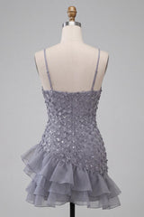 Dressystars Floral Dusty Lavender Sequin Tight Short Homecoming Dress with Ruffles