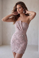 Dressystars Floral Fog Lace Strapless Tight Short Beaded Homecoming Dress