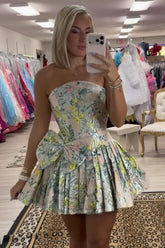 Dressystars Floral Light Green Corset Strapless Short Homecoming Dress with Bow