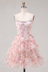 Dressystars Floral Pink Beaded Short Corset Homecoming Dress with Ruffles