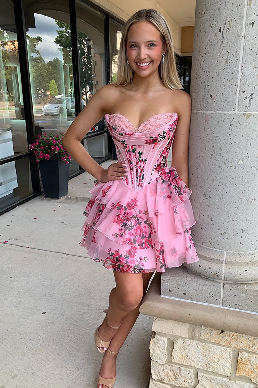 Dressystars Floral Pink Corset A Line Homecoming Dresses Short Cocktail Dresses With Ruffles