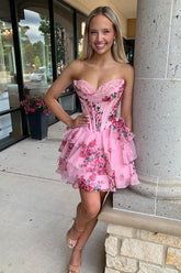 Dressystars Floral Pink Corset A Line Homecoming Dresses Short Cocktail Dresses With Ruffles