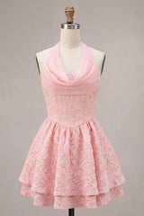 Dressystars Floral Pink Halter Jacquard A-Line Short Homecoming Dress
