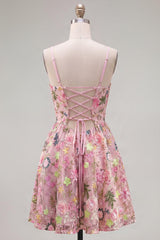 Dressystars Floral Pink Spaghetti Strap A-Line Short Homecoming Dress with Pockets