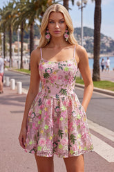 Dressystars Floral Pink Spaghetti Strap A-Line Short Homecoming Dress with Pockets