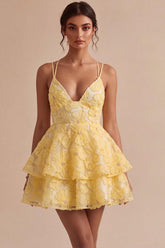 Dressystars Floral Ruffled Light Yellow A Line Beaded Tiered Short Homecoming Dress