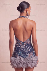 Dressystars Floral Ruffled Navy Tight Halter Beaded Short Homecoming Dress