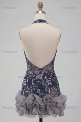 Dressystars Floral Ruffled Navy Tight Halter Beaded Short Homecoming Dress