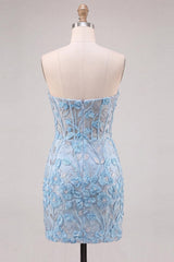 Dressystars Floral Sky Blue Lace Tight Corset Short Homecoming Dress with Slit