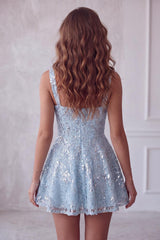 Dressystars Floral Sky Blue Sequin A-Line Short Homecoming Dress with Bow