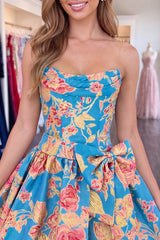 Dressystars Floral Strapless Blue A-Line Short Homecoming Dress with Bow