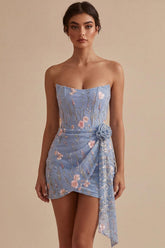 Dressystars Floral Strapless Light Blue Beaded Tight Short Homecoming Dress