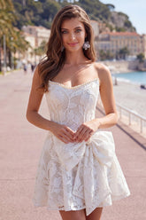 Dressystars Floral White Lace A-Line Strapless Short Homecoming Dress with Bow