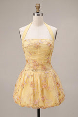 Dressystars Floral Yellow A-Line Halter Short Corset Homecoming Dress