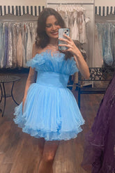 Dressystars Fluffy Blue Homecoming Dress A-Line Strapless Ruffled Short Prom Dress