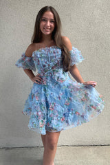 Dressystars Fluffy Blue Homecoming Dress Corset Off The Shoulder A-Line Short Prom Dress