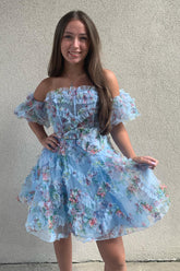 Dressystars Fluffy Blue Homecoming Dress Corset Off The Shoulder A-Line Short Prom Dress