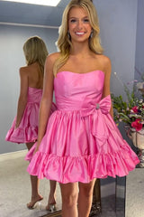 Dressystars Fluffy Fuchsia Homecoming Dress Strapless A Line Tiered Short Prom Dress with Bow