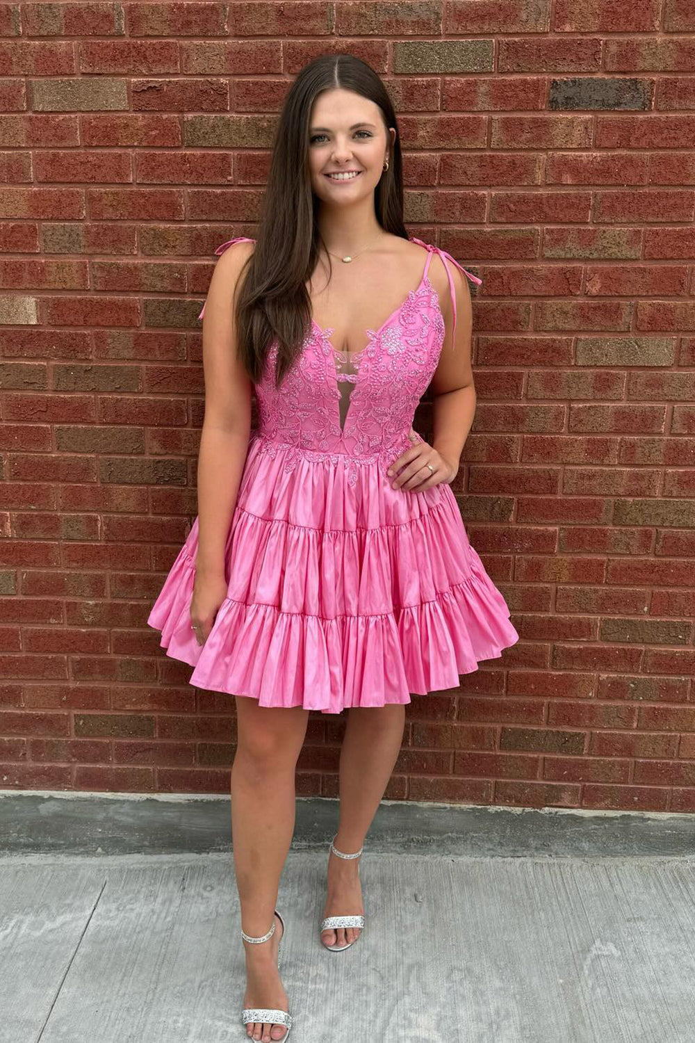 Dressystars Fluffy Pink Homecoming Dress A Line Ruffled Short Prom Dress with Lace