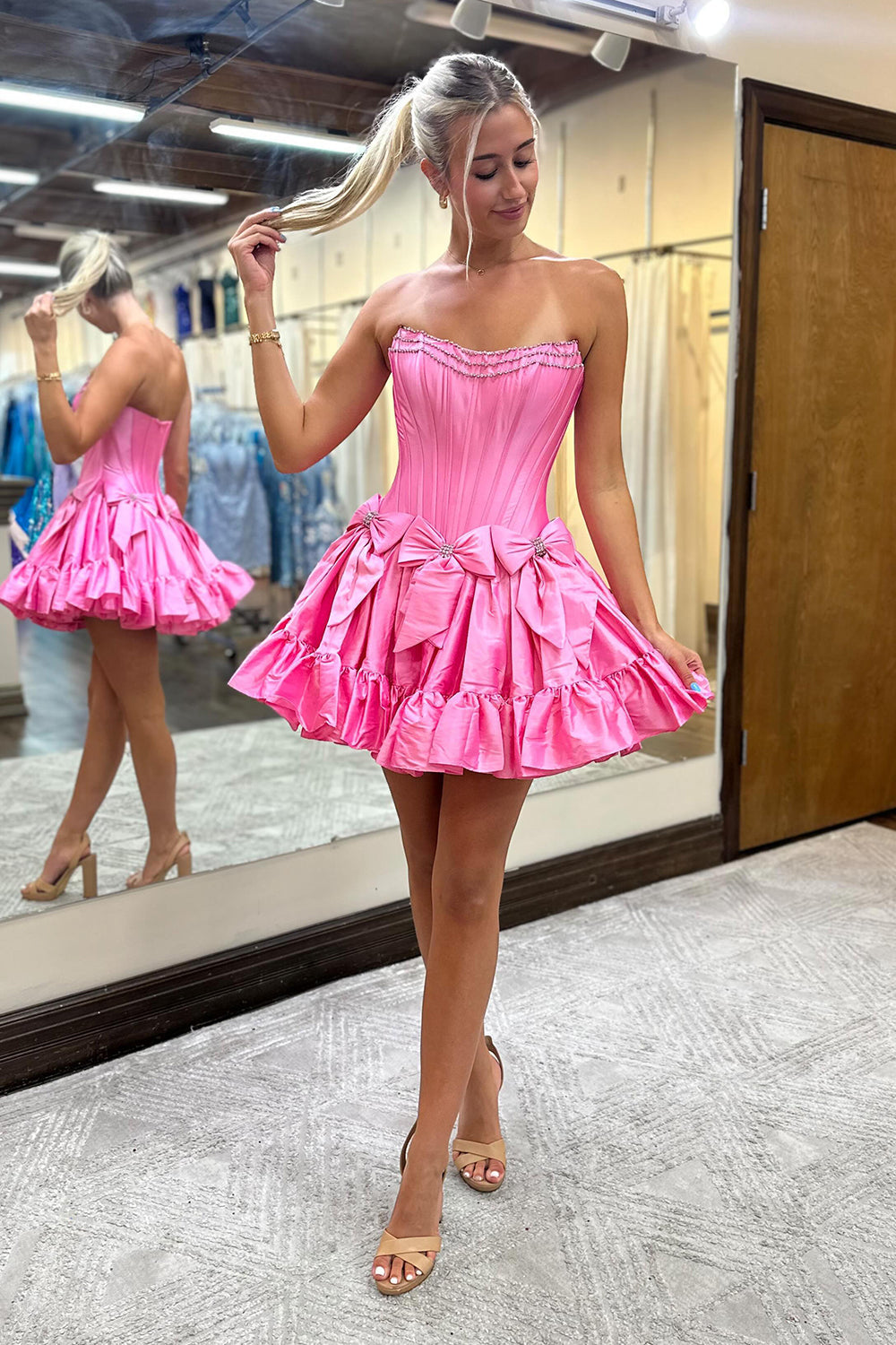 Dressystars Fluffy Pink Homecoming Dress Corset Sweetheart A Line Short Prom Dress With Bow