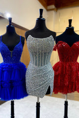 Dressystars Fluffy Royal Blue Homecoming Dress A Line Halter Tiered Short Corset Prom Dress