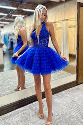 Dressystars Fluffy Royal Blue Homecoming Dress A Line Halter Tiered Short Corset Prom Dress