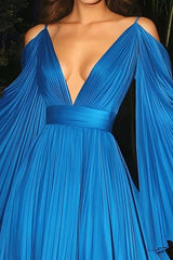 Dressystars Flutter Sleeves A Line V Neck Chiffon Pleated Wedding Guest Dress Carpet Dress
