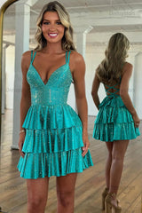 Dressystars Fuchsia Beaded Homecoming Dresses Tiered Ruffled A Line Short Cocktail Dresses