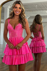 Dressystars Fuchsia Beaded Homecoming Dresses Tiered Ruffled A Line Short Cocktail Dresses