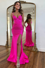 Dressystars Fuchsia Beaded Mermaid Prom Dress With Spaghetti Straps And Lace-Up Back Formal Evening Gown